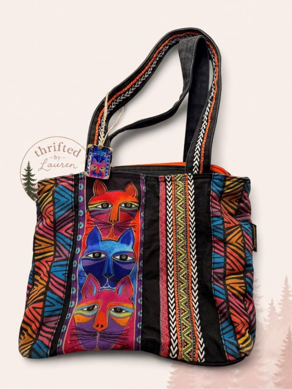 Laurel Burch Colorful Cat Tote Bag 🐱✨ Boho Art Purse